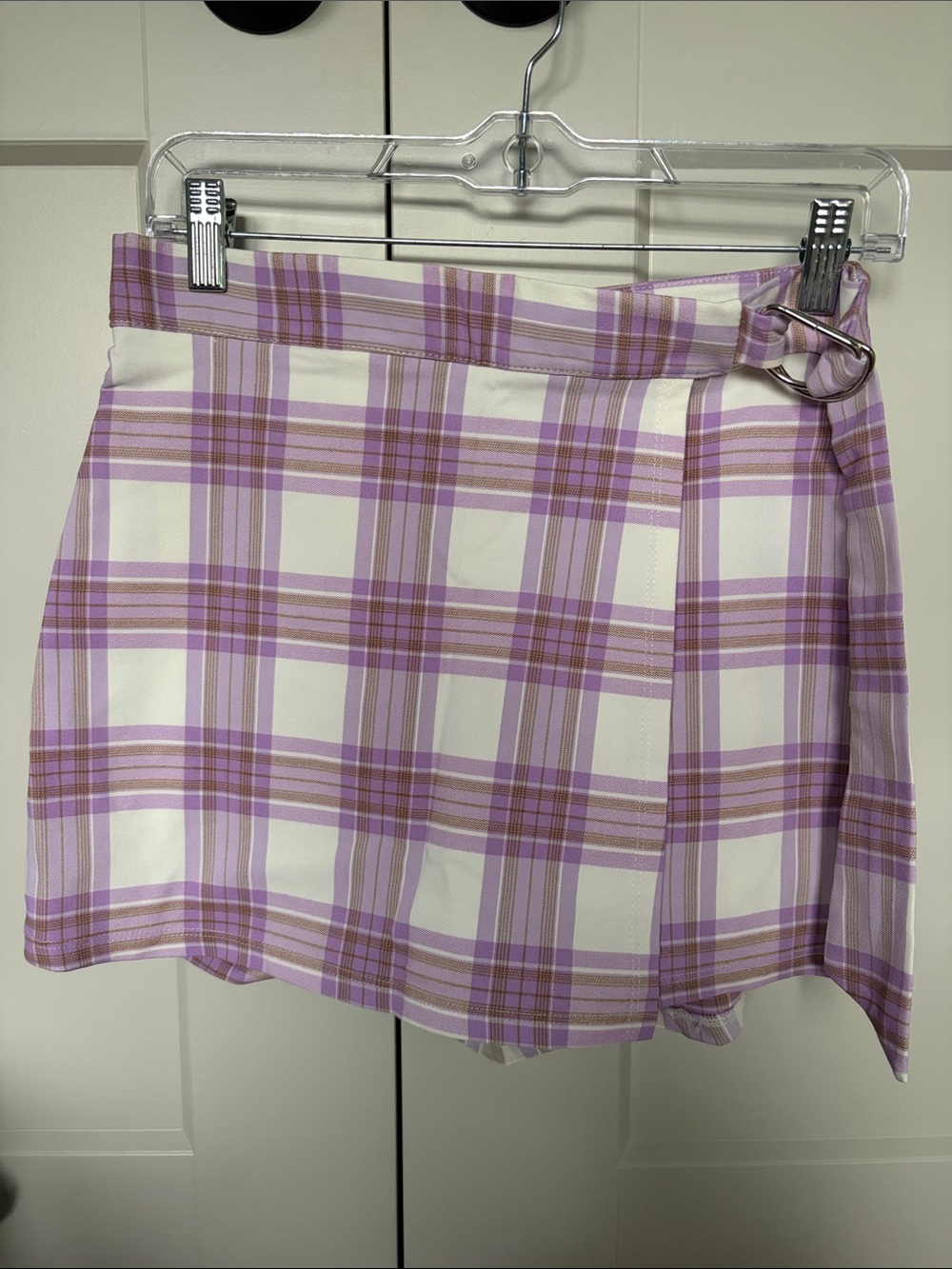Altar'd State Purple and White Plaid Mini Skort with Side Buckle